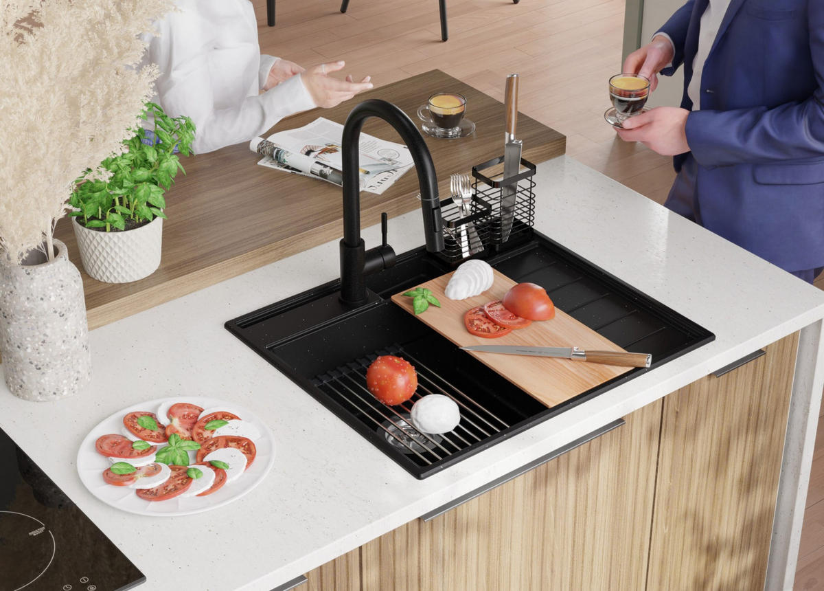 SPÜLBECKEN Sydney Pocket, 2-er set Schwarz Metallic 62/53 cm 1 Becken + Ablauf-Set + Küchenzubehörset ab 45er Unterschrank - Chromfarben/Schwarz Hochglanz, Kunststoff (62/20/53cm) - Primagran