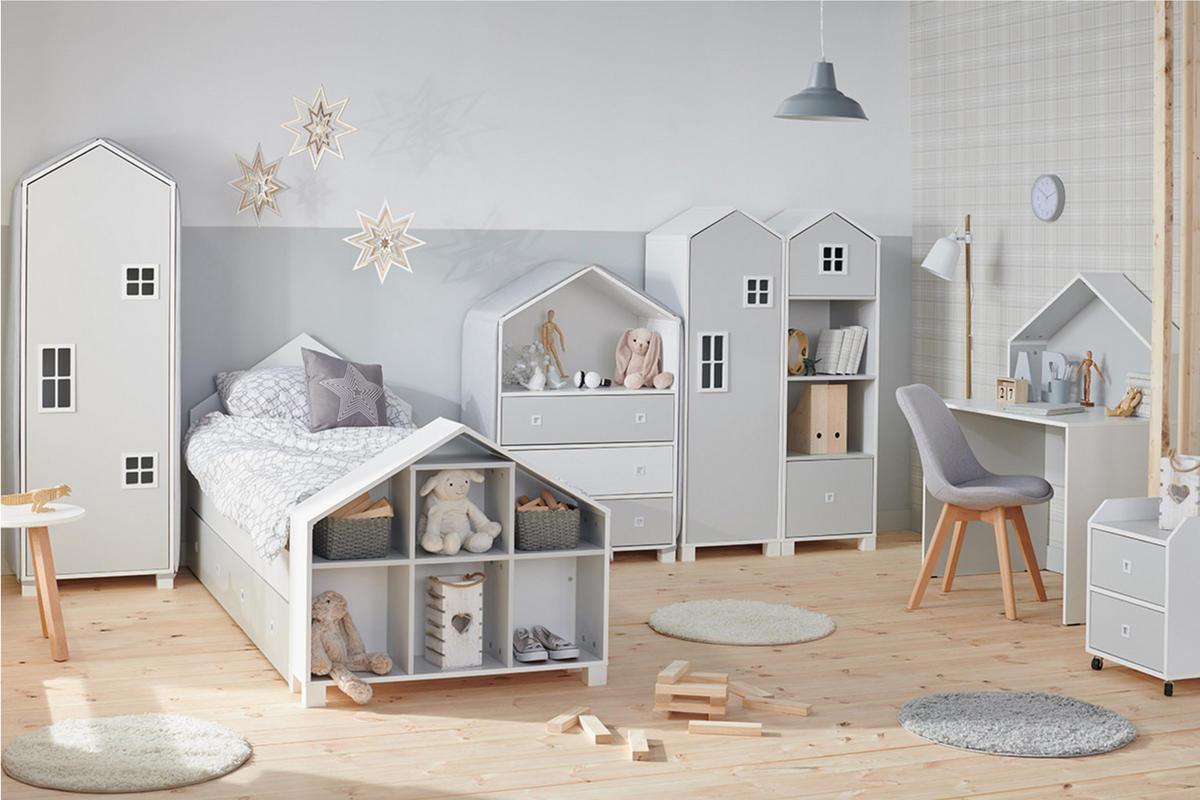 KINDER-BÜCHERREGAL MIRUM Doppelseitiges, Weiß/Grau - Weiß/Grau, Holz (94/81/25cm) - KONSIMO®