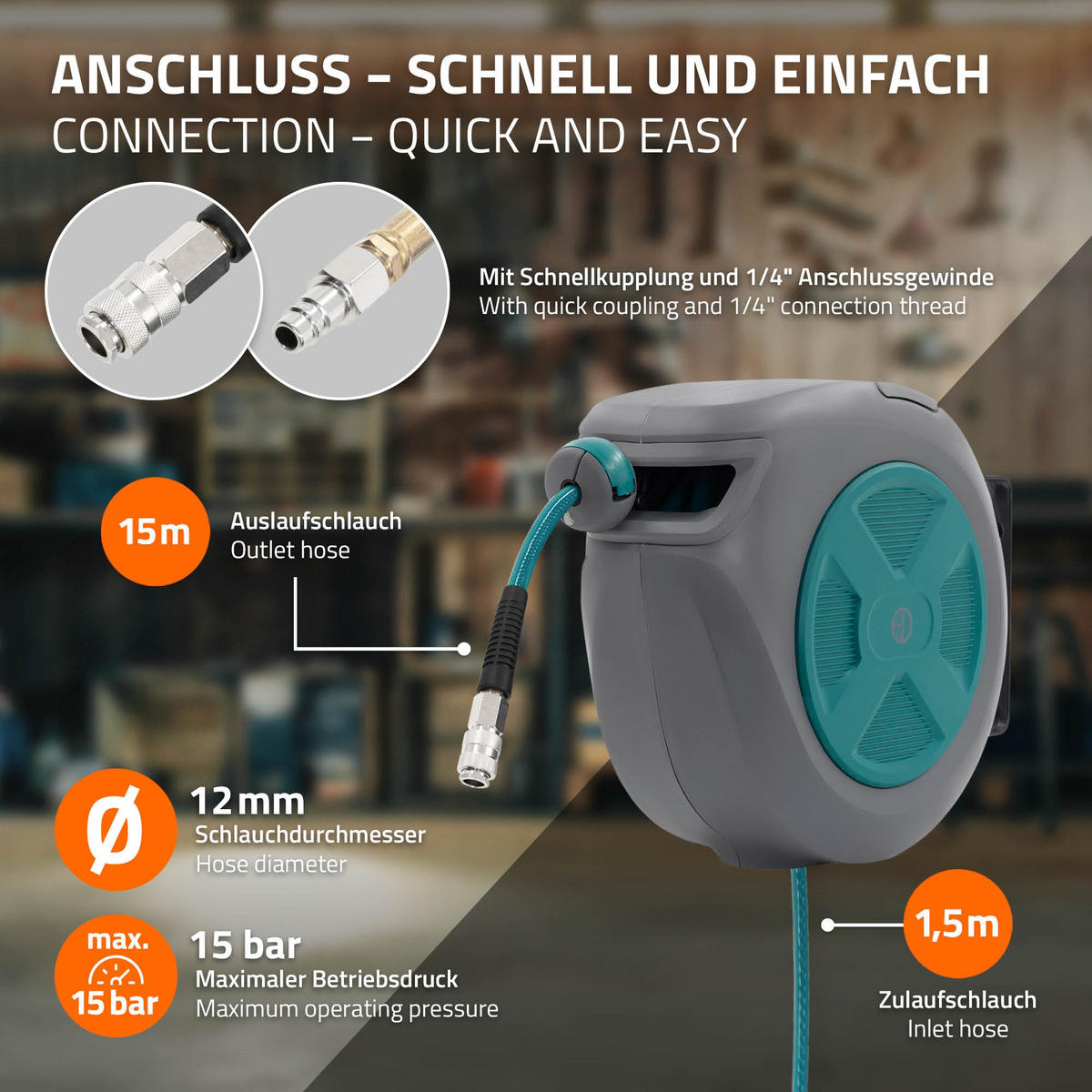 DRUCKLUFTSCHLAUCHTROMMEL 15m+1,5m - Grau, Kunststoff (16.5/32/45cm) - ECD-Germany