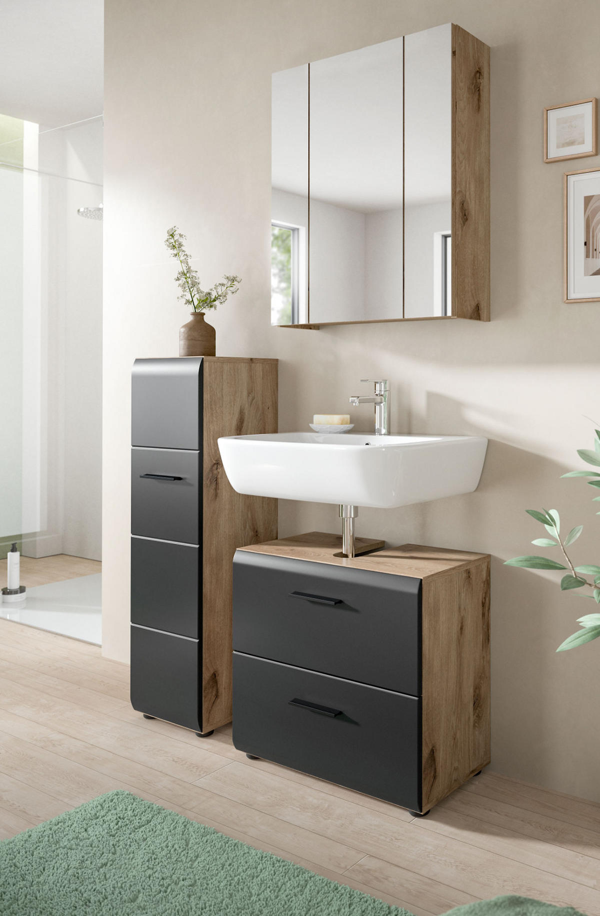 BADMÖBEL-SET 3-teilig Schwarz matt, Eiche Nox, Badezimmer mit viel Stauraum und Vollauszug Schubkästen 105 x 185 cm - Eichefarben/Schwarz, Glas/Holzwerkstoff (105/185/30cm) - Inn.Furn