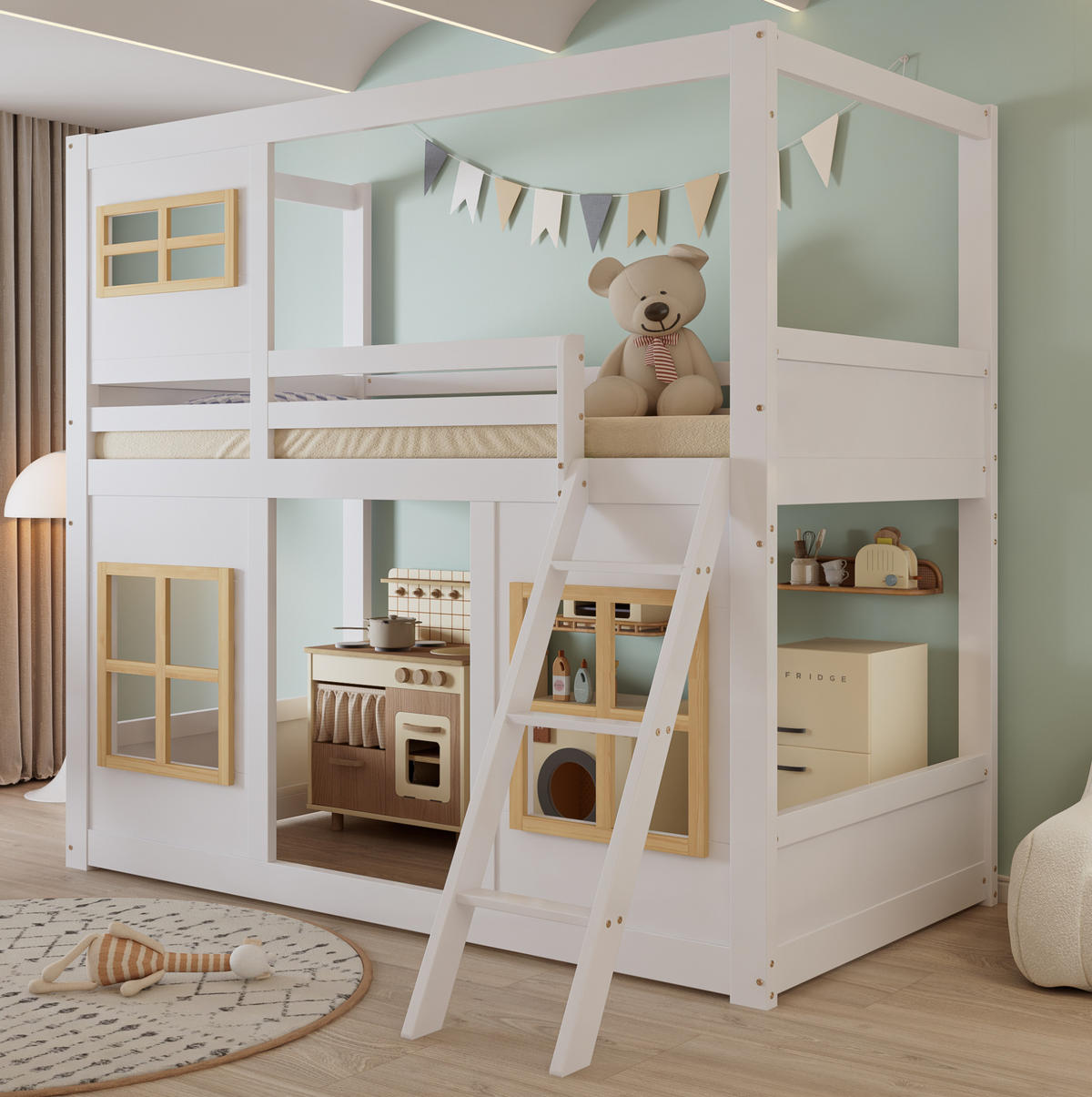 ETAGENBETT 90/200 cm aus Kiefer/MDF mit Fenstern, Trittleiter und Rundum-Absturzschutz, Weiß/Natur - Weiß, Holzwerkstoff (90/200cm) - Redom