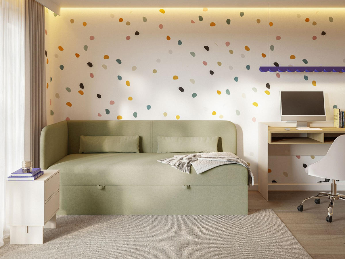 JUGENDBETT Calmmo Olivgrün mit Chenille-Bezug, Kopfteil links - Olivgrün, Textil (90/200cm) - Selsey