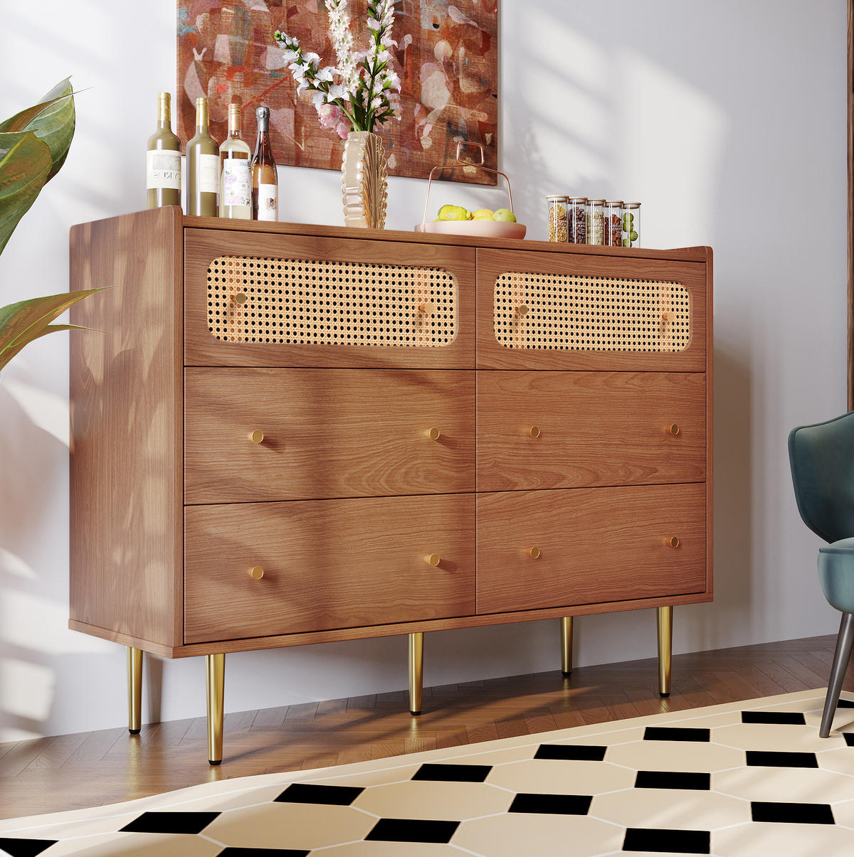 KOMMODE 120/40/90 cm mit 6 Schubladen und Rattanfronten - Naturfarben, Metall (120/90/40cm) - BEAOK