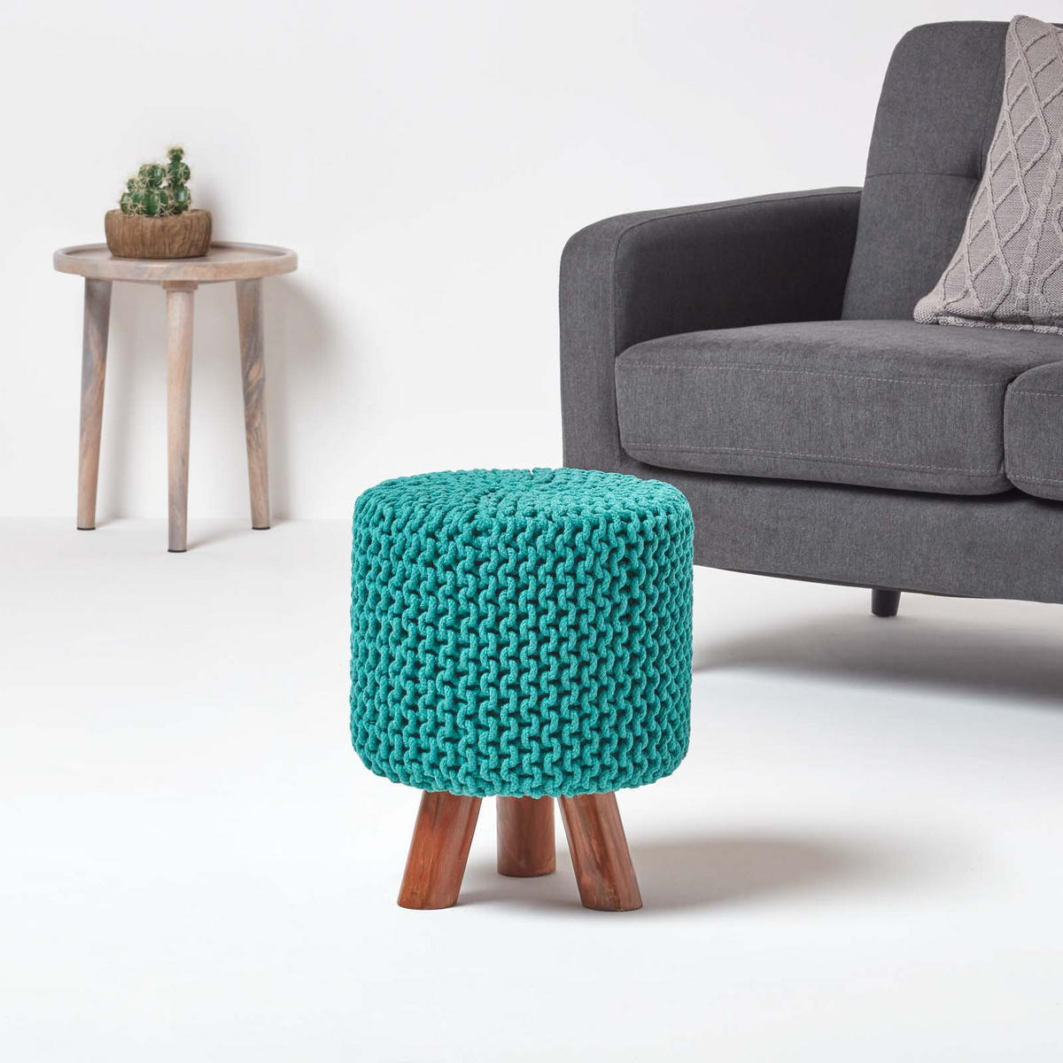 STRICK-HOCKER petrol-grün, Dreibein 32/32/42 cm - Grün, Textil (32/42/32cm) - Homescapes
