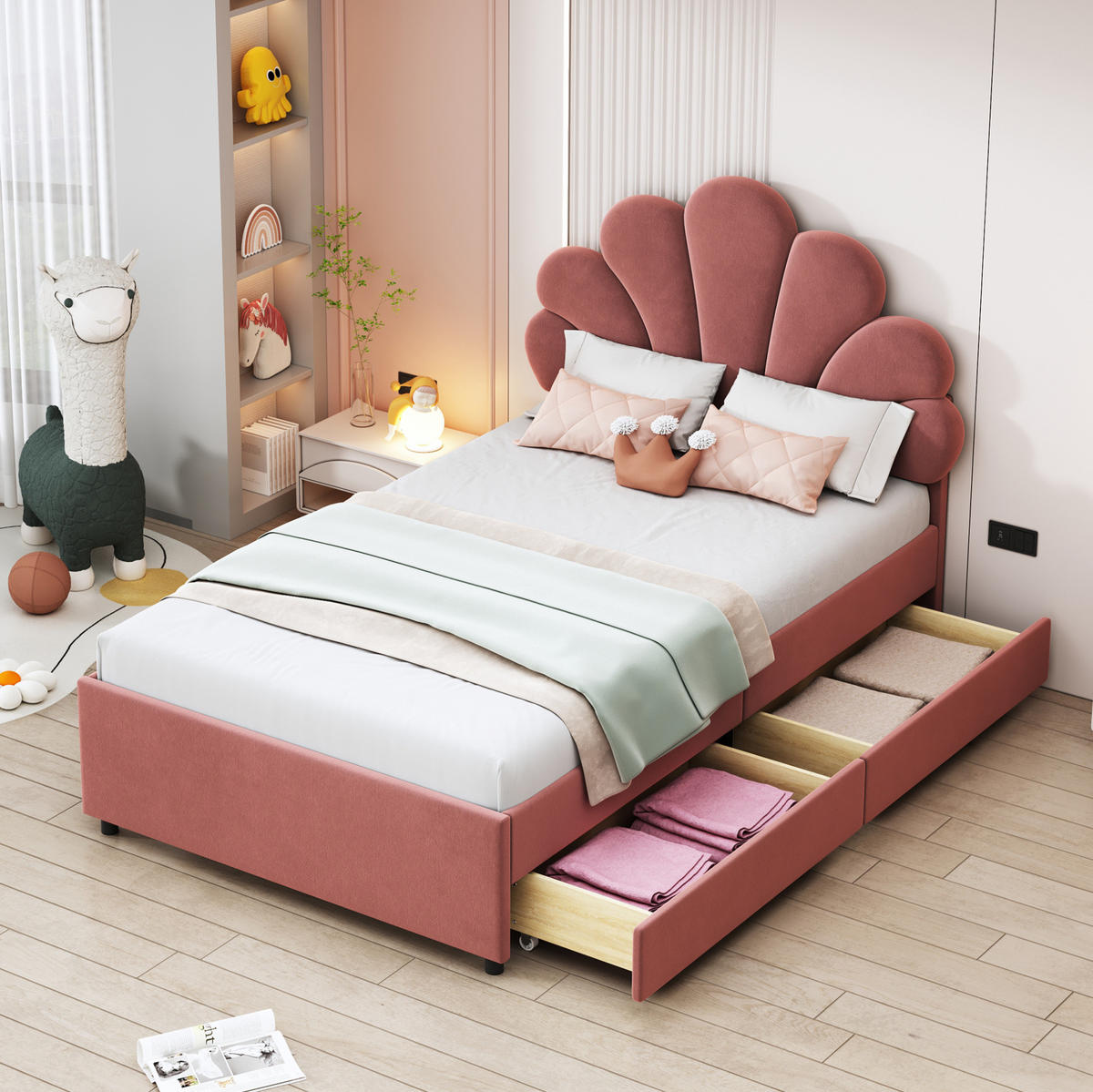 POLSTERBETT 90/200 cm Rosa aus Samt mit 2 Schubladen - Dunkelrosa, Textil (90/200cm) - OKMYHOME