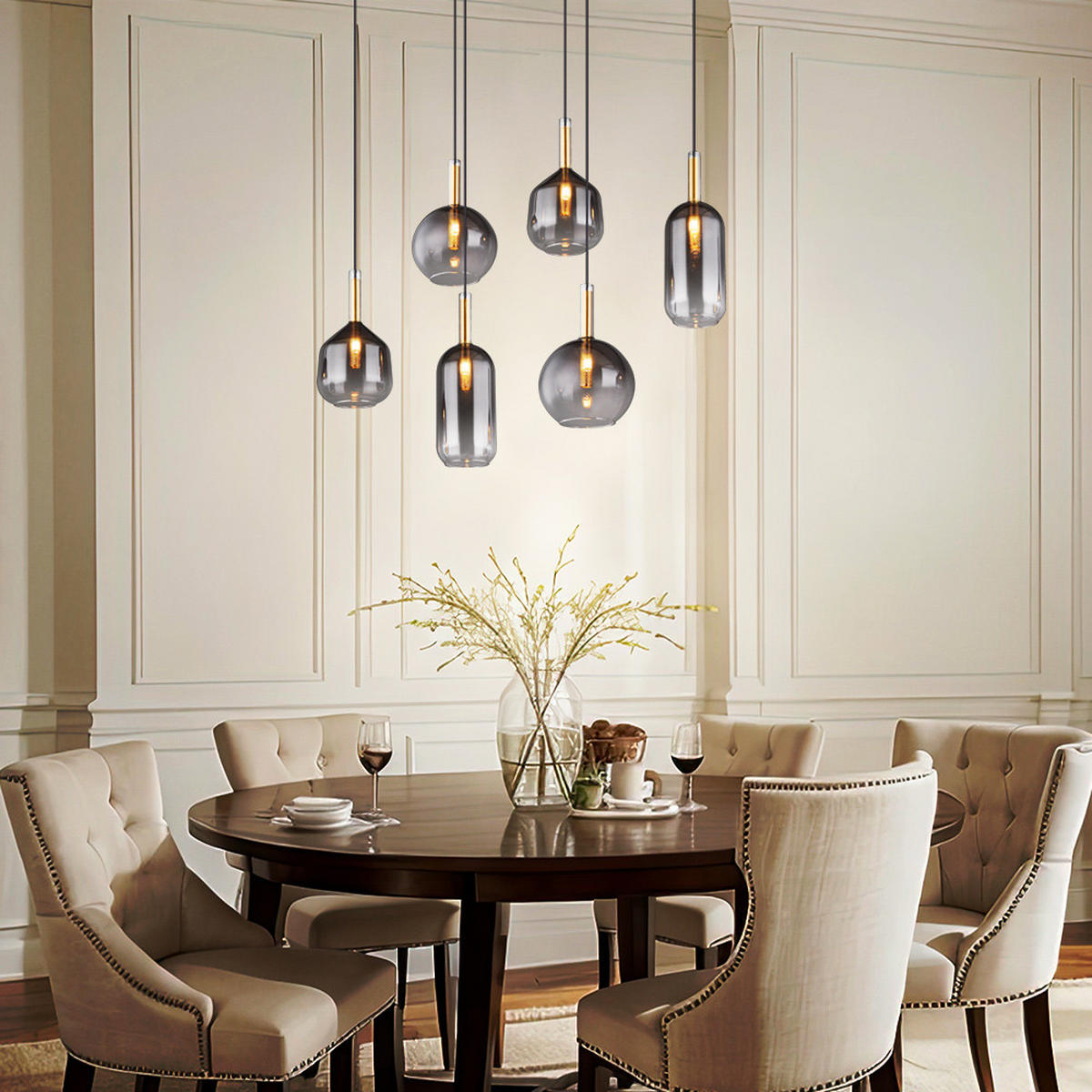 HÄNGELEUCHTE Metall Messing Rauchglas 6-Flammig - Messingfarben, Glas (85/36/120cm) - Globo Lighting