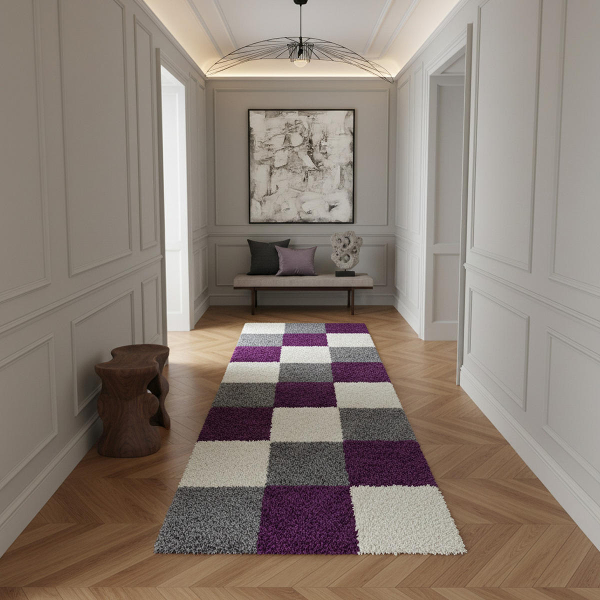 TEPPICH Hochflor Karo Polypropylen Wohnzimmer Shaggy Violett Läufer 80x250 - Lila, Textil (80/250cm) - KADIMA DESIGN