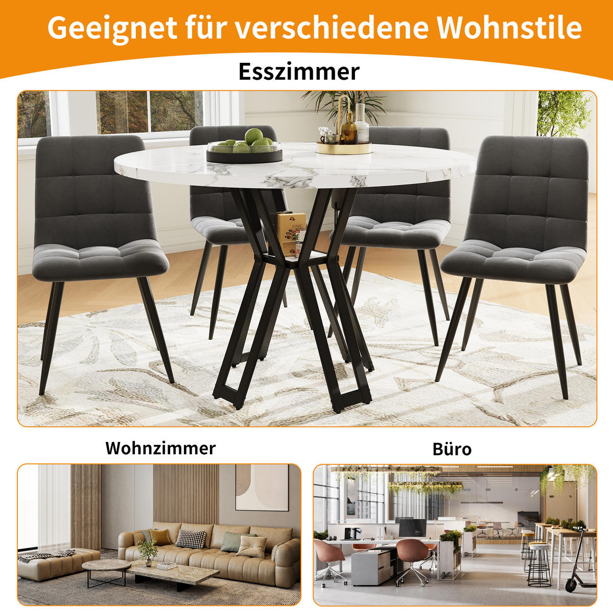 ESSTISCH 100/100/76 cm schwarz mit marmorierter MDF Tischplatte elegant - Schwarz/Weiß, Holzwerkstoff (100/100/76cm) - OKWISH