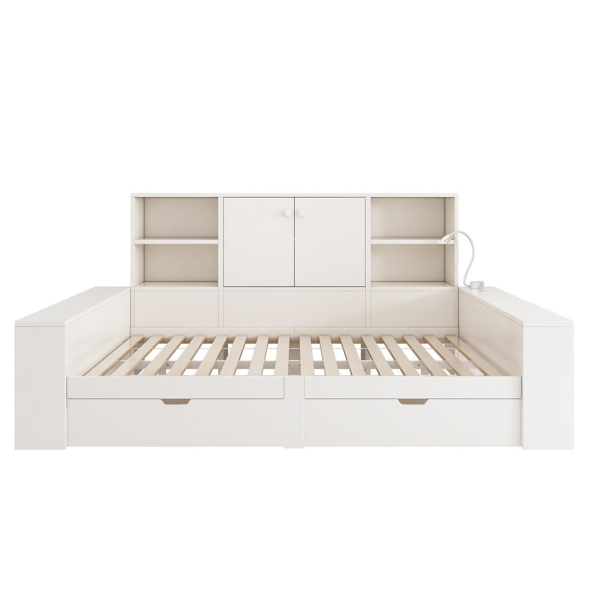 POLSTERBETT 140/200 cm Weiß mit 2 Schubladen, Stauraum, Doppeltüren und USB/USB-C Anschlüssen - Weiß, Holz (140/200cm) - Oxeza