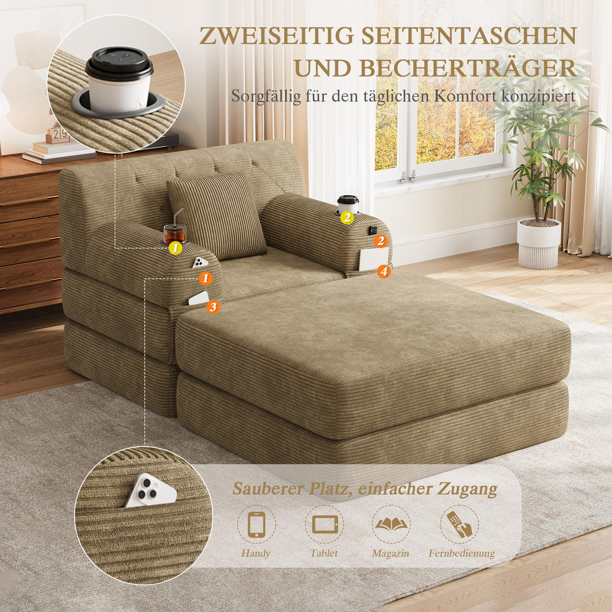 SCHLAFSOFA mit Hocker und Liegefunktion aus Cord Khaki - Taupe, Textil (191/60/162cm) - EVRYAE