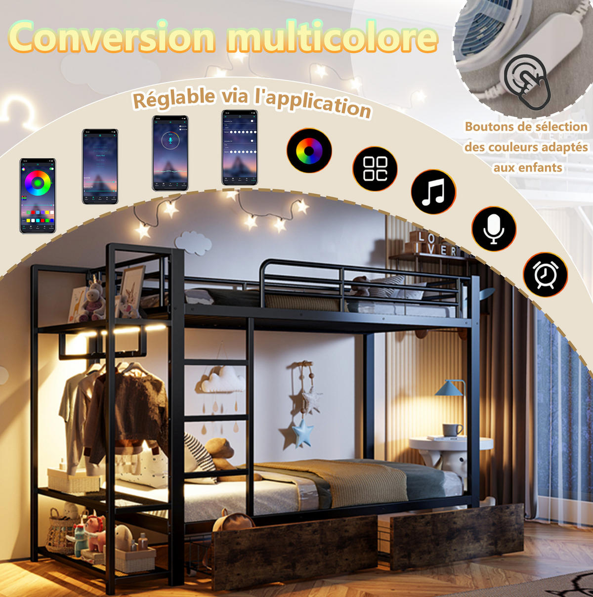 ETAGENBETT 90/200 cm Schwarz mit LED-Lichtleiste ohne Matratze - Schwarz, Metall (90/200cm) - MIVRAY