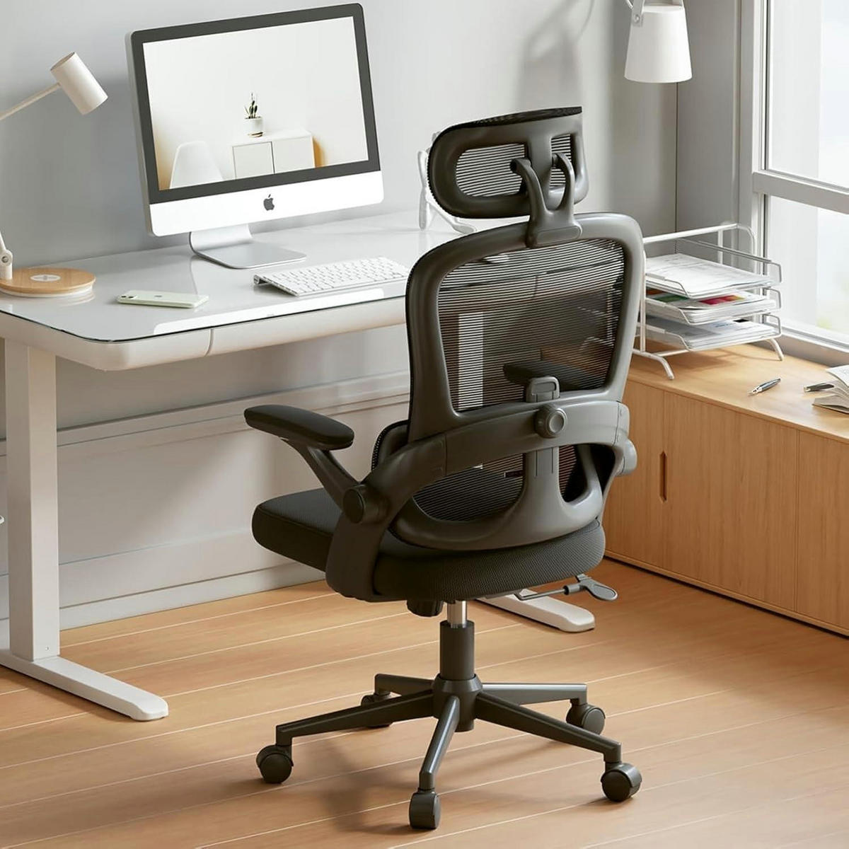BÜROSTUHL M102C Ergonomisch mit Lendenwirbelstütze Schwarz - Schwarz, Textil (65/126/75cm)