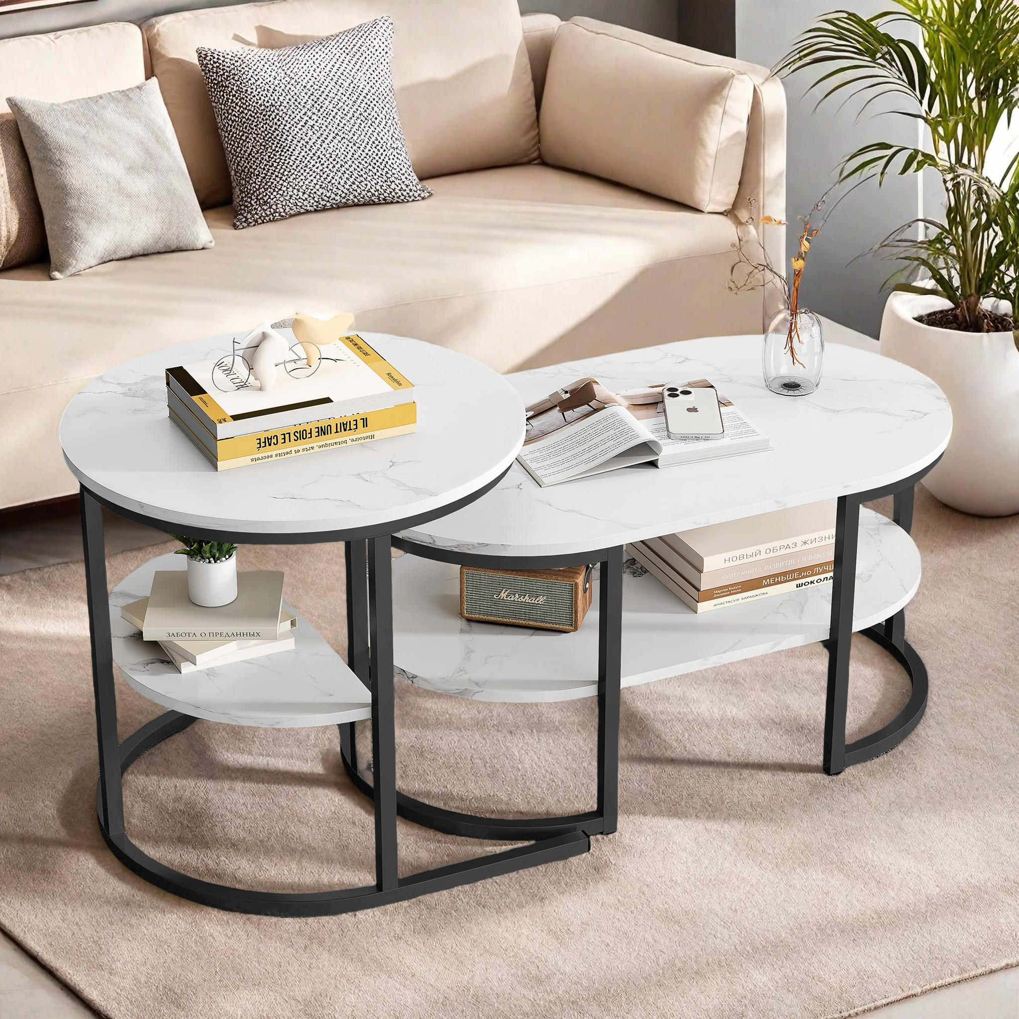 COUCHTISCH 2er Set, Marmor-Optik, Metallrahmen,Schwarz - Schwarz, Holz (112/58/10cm)