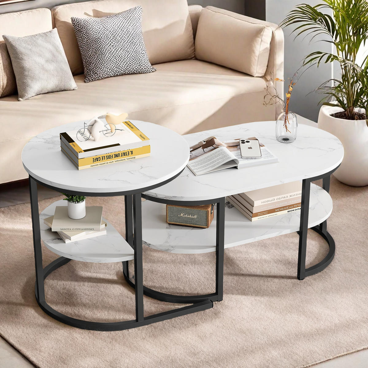 COUCHTISCH 2er Set, Marmor-Optik, Metallrahmen,Schwarz - Schwarz, Holz (112/58/10cm)