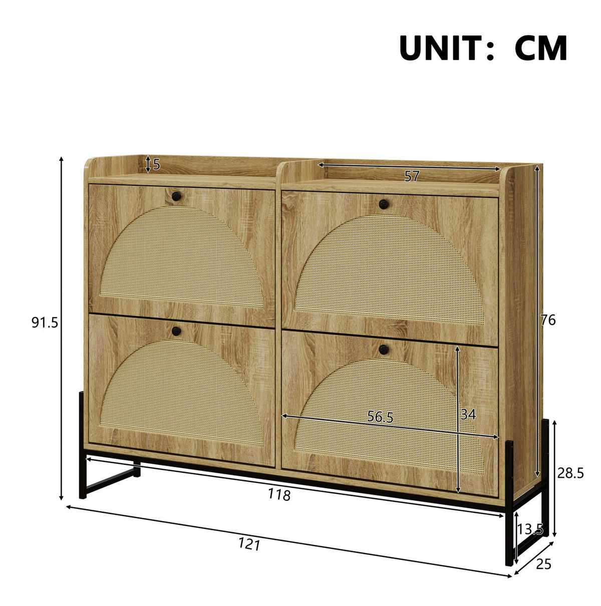 SCHUHSCHRANK 121/25/91,5 cm in Natur mit 4 Klappen und PE-Rattan - Naturfarben, Holzwerkstoff (118/91.5/25cm) - Flora Grace