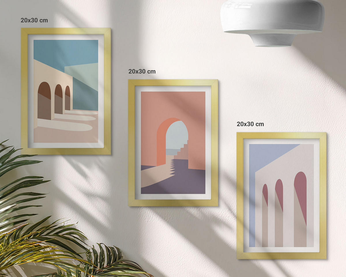 BILDER SET 3er Set - 20x30 cm Goldrahmen - Architekturgrafiken in Pastellfarben - Goldfarben, Kunststoff (20/30cm) - TULUP