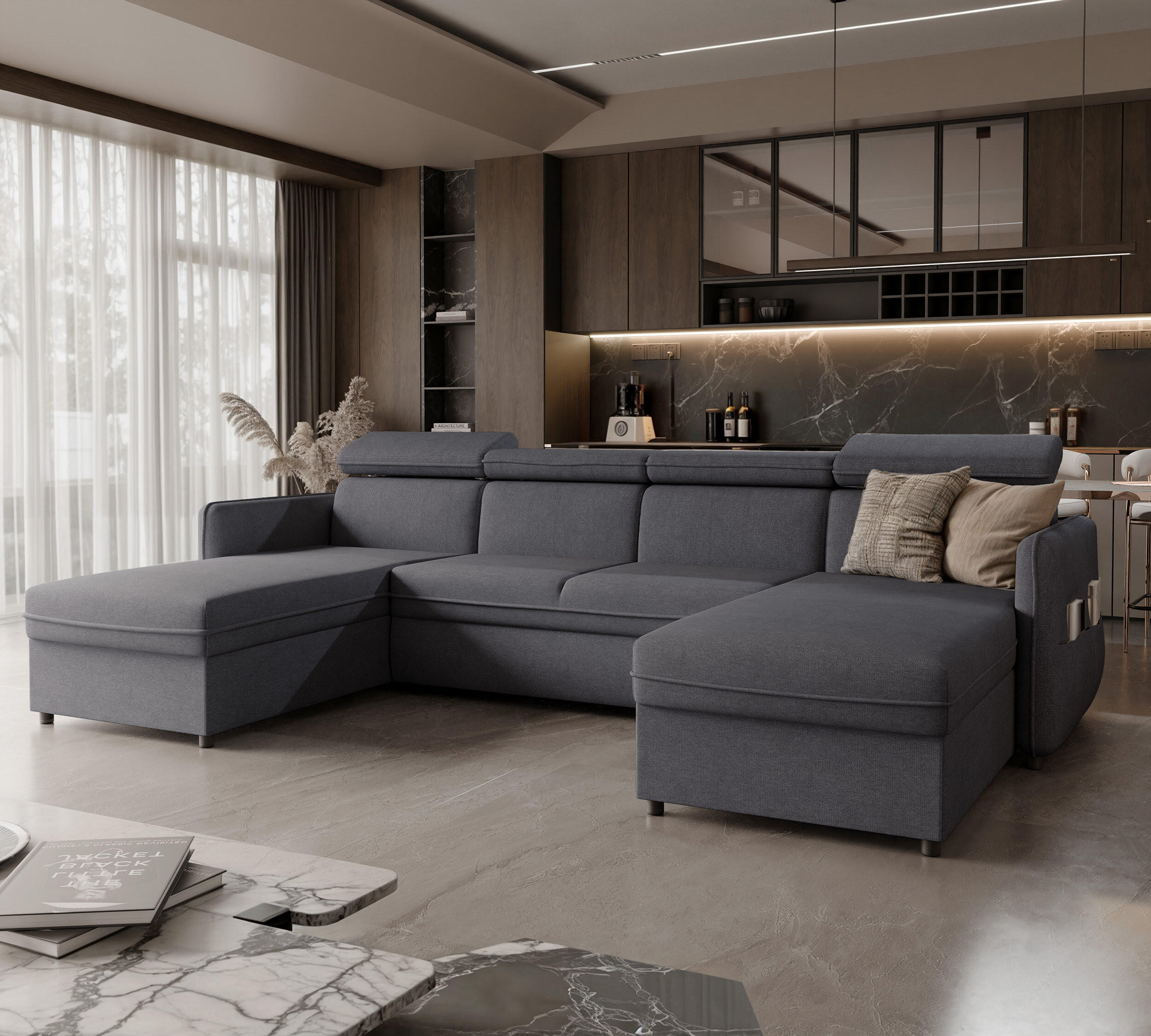 WOHNLANDSCHAFT U-Form Beni mit Schlaffunktion, Stoff Soro 97 Graphit - Dunkelgrau, Holzwerkstoff (286/60/166cm) - Idohome