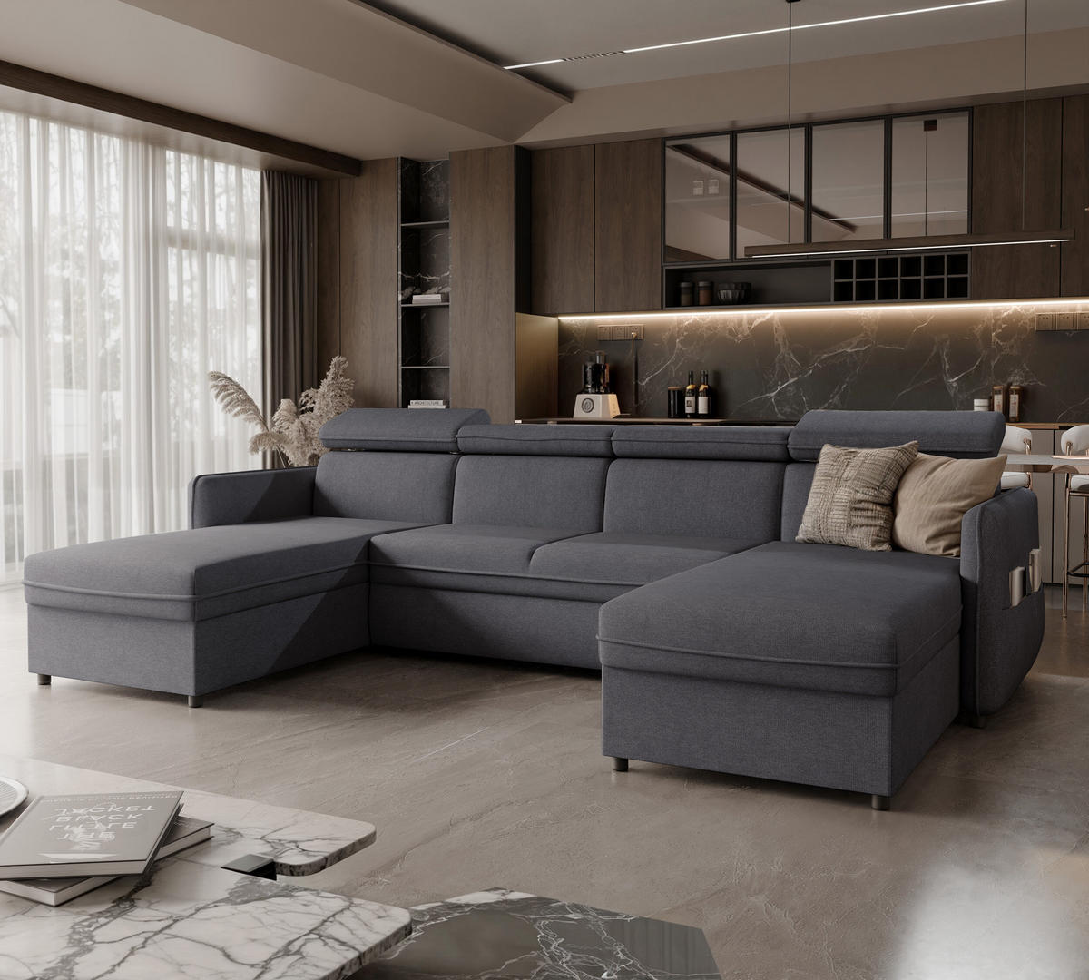 WOHNLANDSCHAFT U-Form Beni mit Schlaffunktion, Stoff Soro 97 Graphit - Dunkelgrau, Holzwerkstoff (286/60/166cm) - Idohome