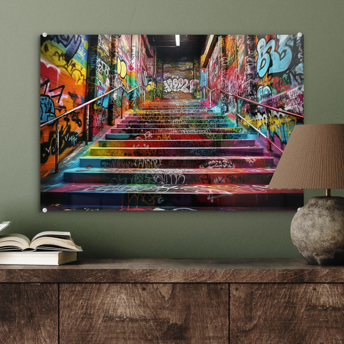ACRYLGLASBILD Treppe - Graffiti - Farben - Kunst 60x40 cm - Multicolor, Glas (60/40cm) - MuchoWow