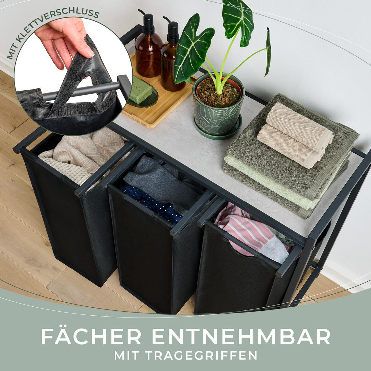 WÄSCHESAMMLER 3 Fächer Schwarz - Wäschekorb mit Ablage in Beton-Optik - Wäschesortierer 3 Fächer - Schwarz, Textil (83.5/73/36cm) - Blumtal
