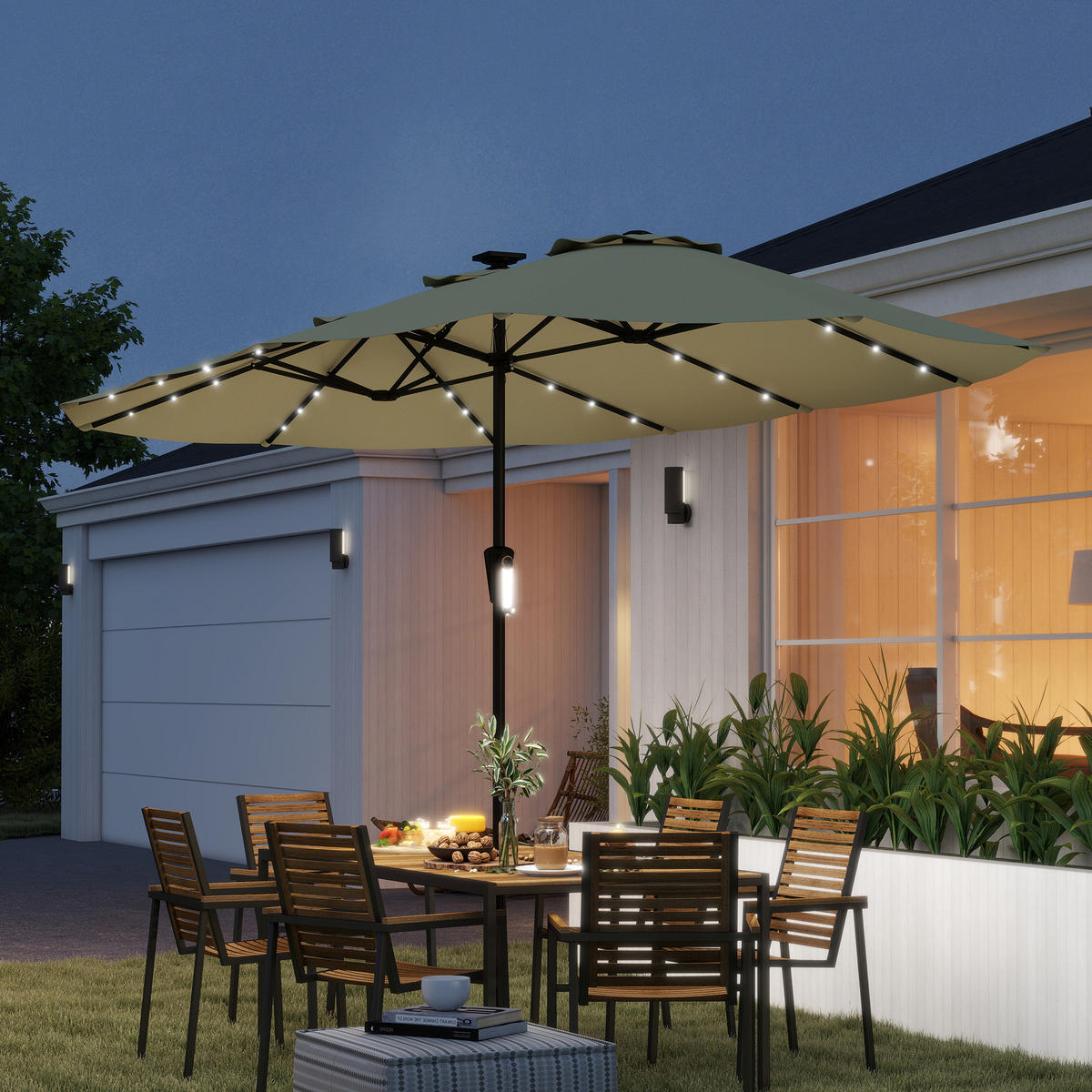 DOPPELSONNENSCHIRM Beige 395/215/238 cm mit LED-Beleuchtung - Beige, Metall (395/215cm) - PANGIVO