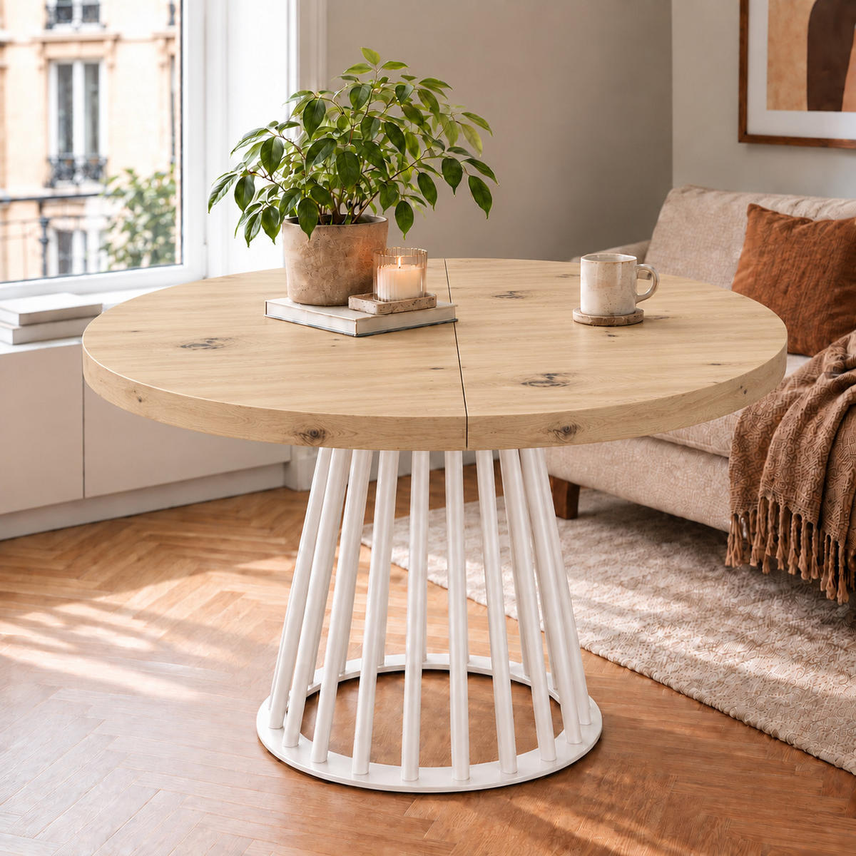 ESSTISCH rund ausziehbar 90/190/76 cm, Hellbraun Artisan Eiche, 54 cm Tischplatte + Lamellen-Metallgestell Weiß - Weiß/Eiche Artisan, Holzwerkstoff/Metall (90/190/76cm) - Damale Möbel