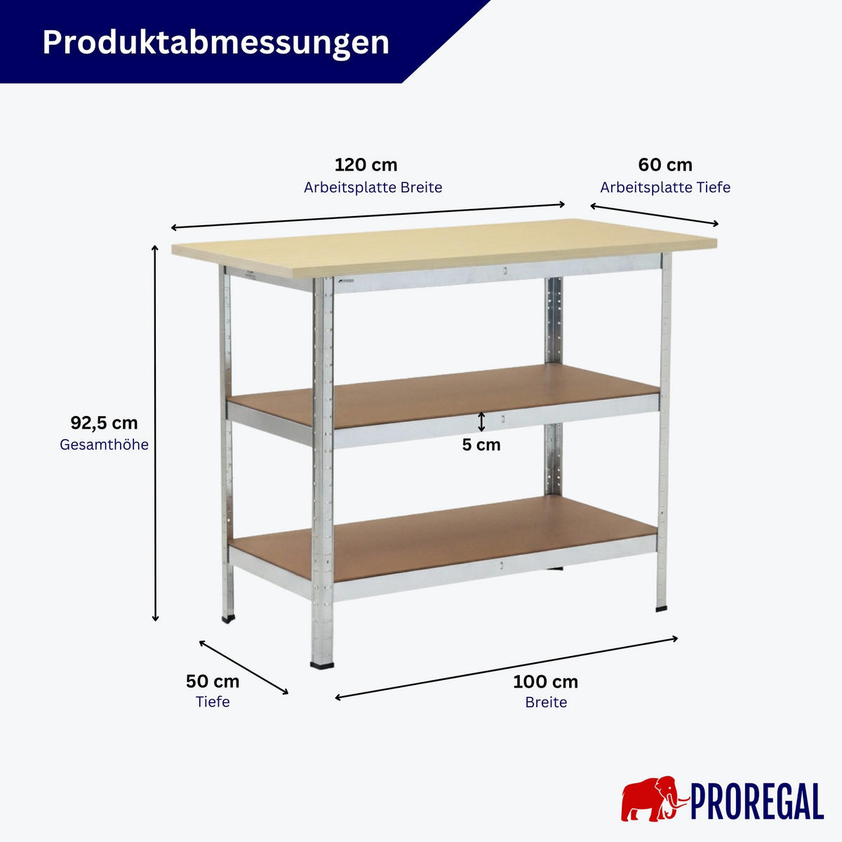 PROFI Werkbank TAURUS 1 Tischplatte + 2 Fachböden HxBxT 120x60x25cm Verzinkt - Zinkfarben, Metall (120/92.5/60cm) - PROREGAL