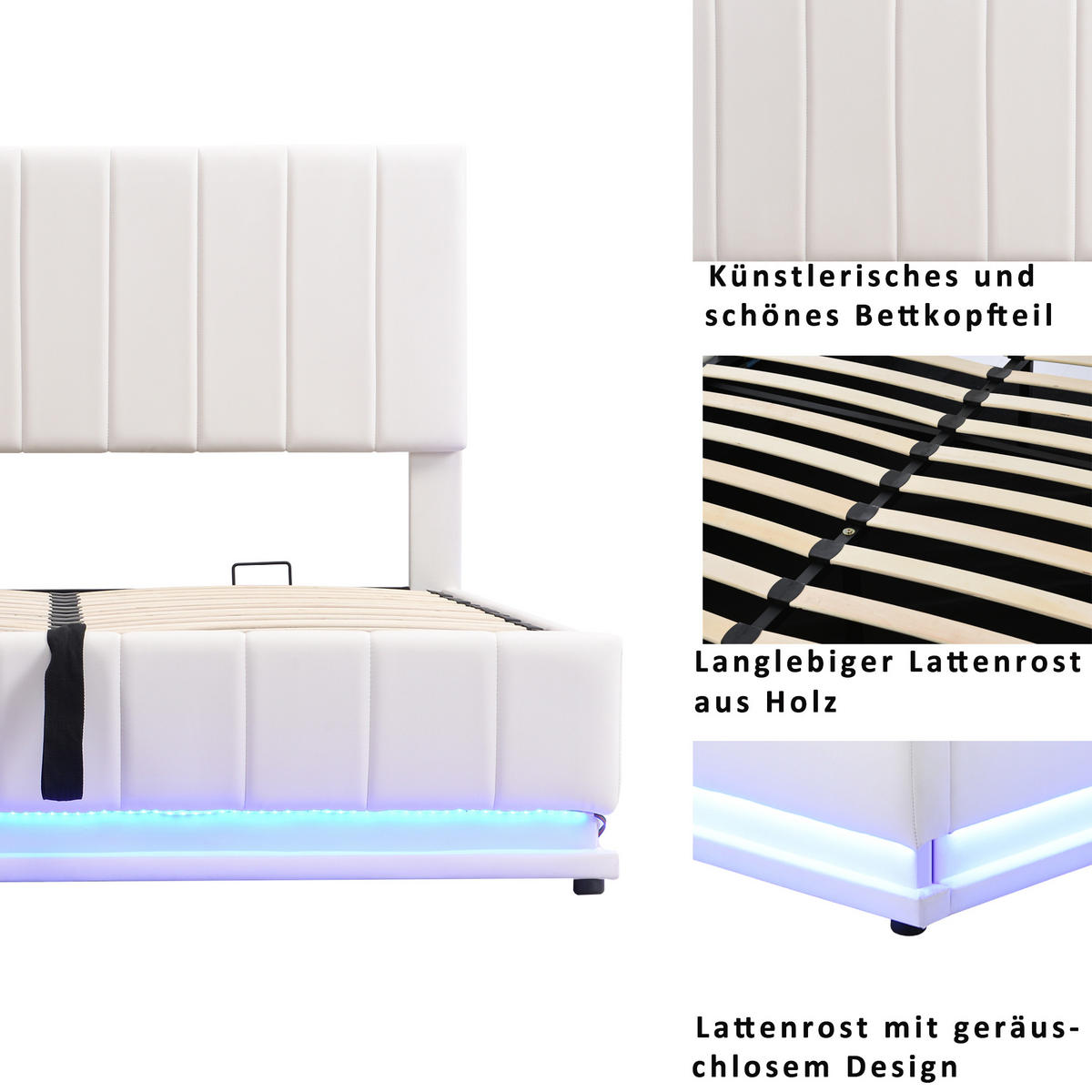 POLSTERBETT 140x200 LED Stauraum Kopfteil Lattenrost Weiß - Weiß, Holzwerkstoff - FLIEKS