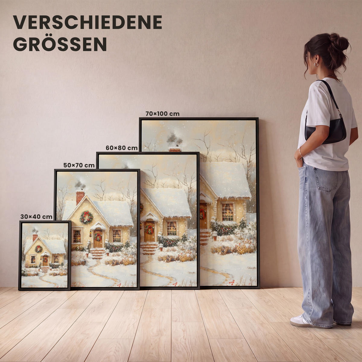LEINWAND Bilder mit Rahmen - Weihnachten - Zuhause - Winter - Schnee - 30x40 - Creme, Textil (30/40cm) - MuchoWow