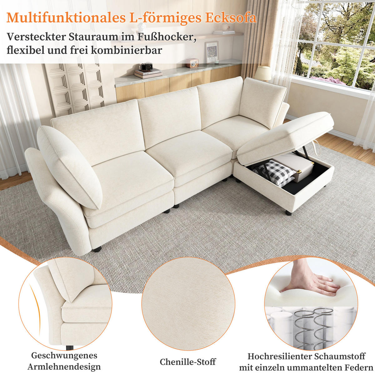 ECKSOFA 225/137/84 cm Beige mit Stauraum‑Hocker - Beige, Textil (225/137cm) - Oxeza