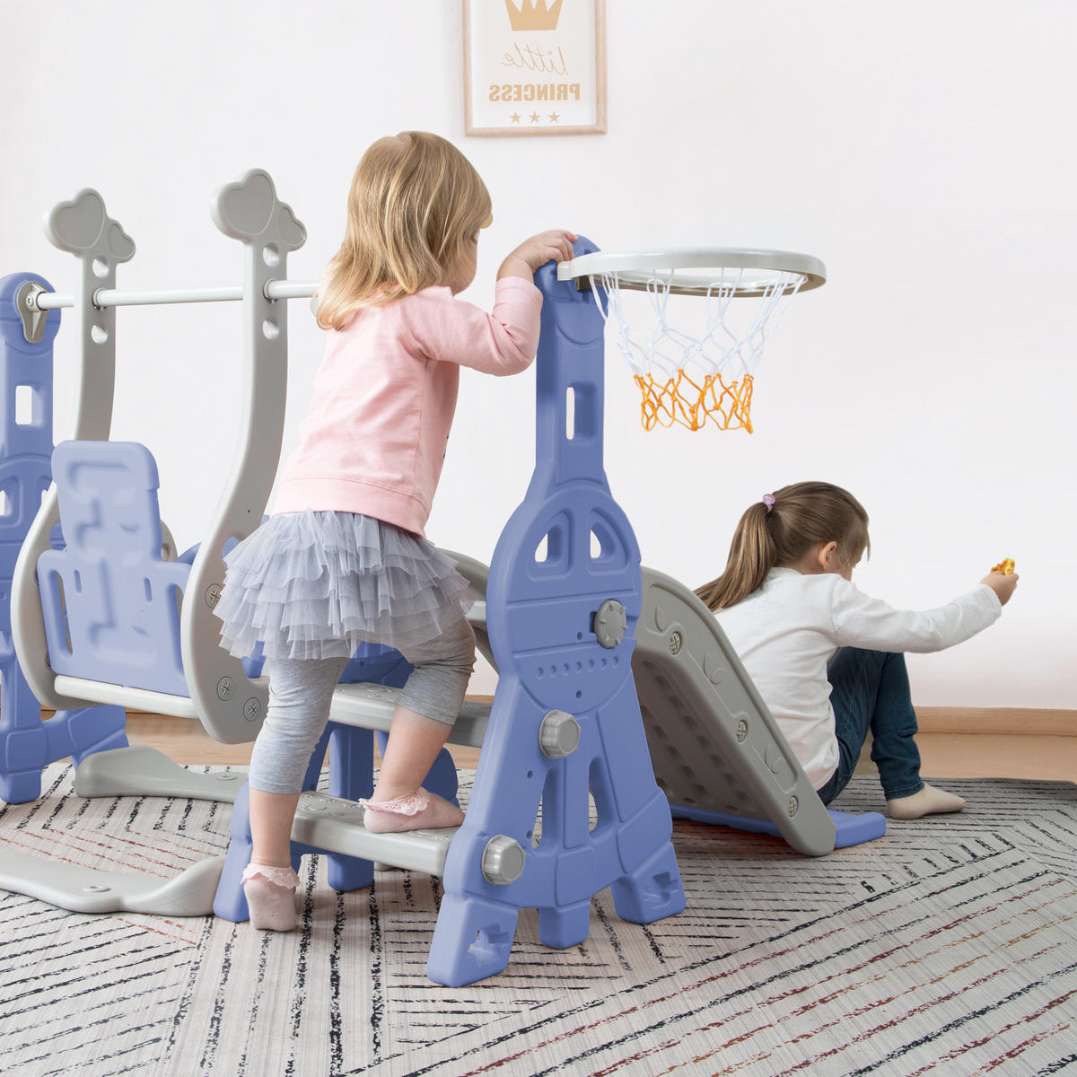 KINDERRUTSCHE 4 in 1 Schaukel Basketball Kletterleiter blau grau - Blau, Holz (70/102/70cm) - Fortuna Lai