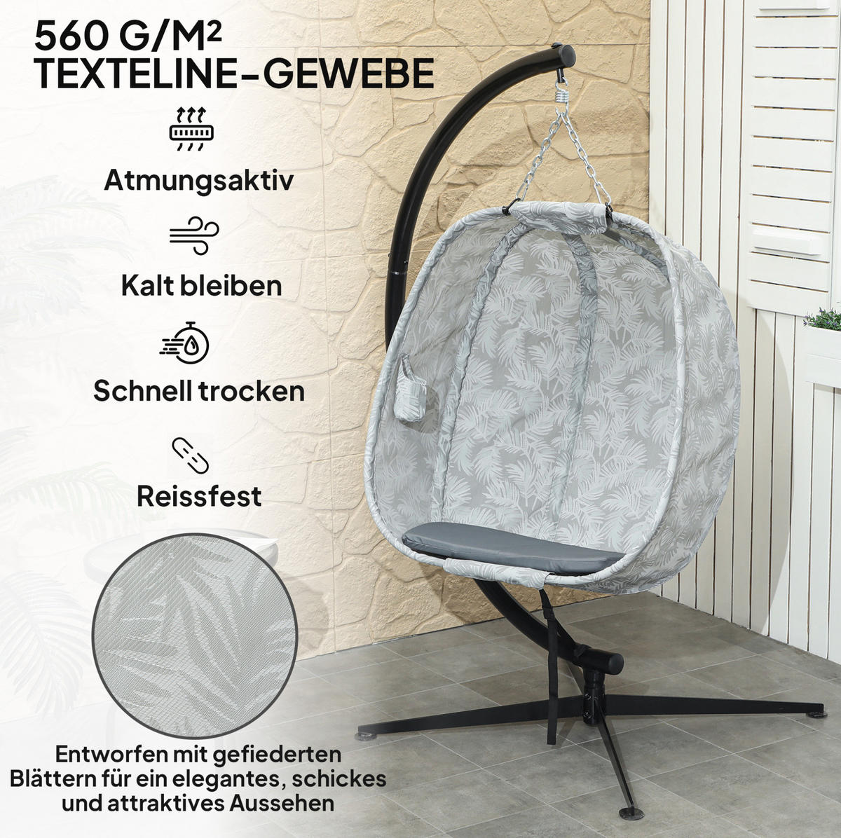 HÄNGESESSEL aus Stahl 126x90x180 cm in Grau mit Klappkorb & Becherhalter - Grau, Metall (90/180/126cm) - Modfu
