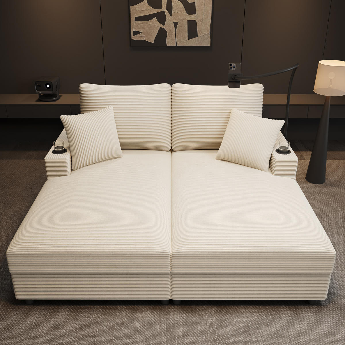 SCHLAFSOFA 163/140/82 cm in Beige – mit USB-Anschluss und Getränkehaltern - Beige, Textil (140/82/163cm) - BEAOK