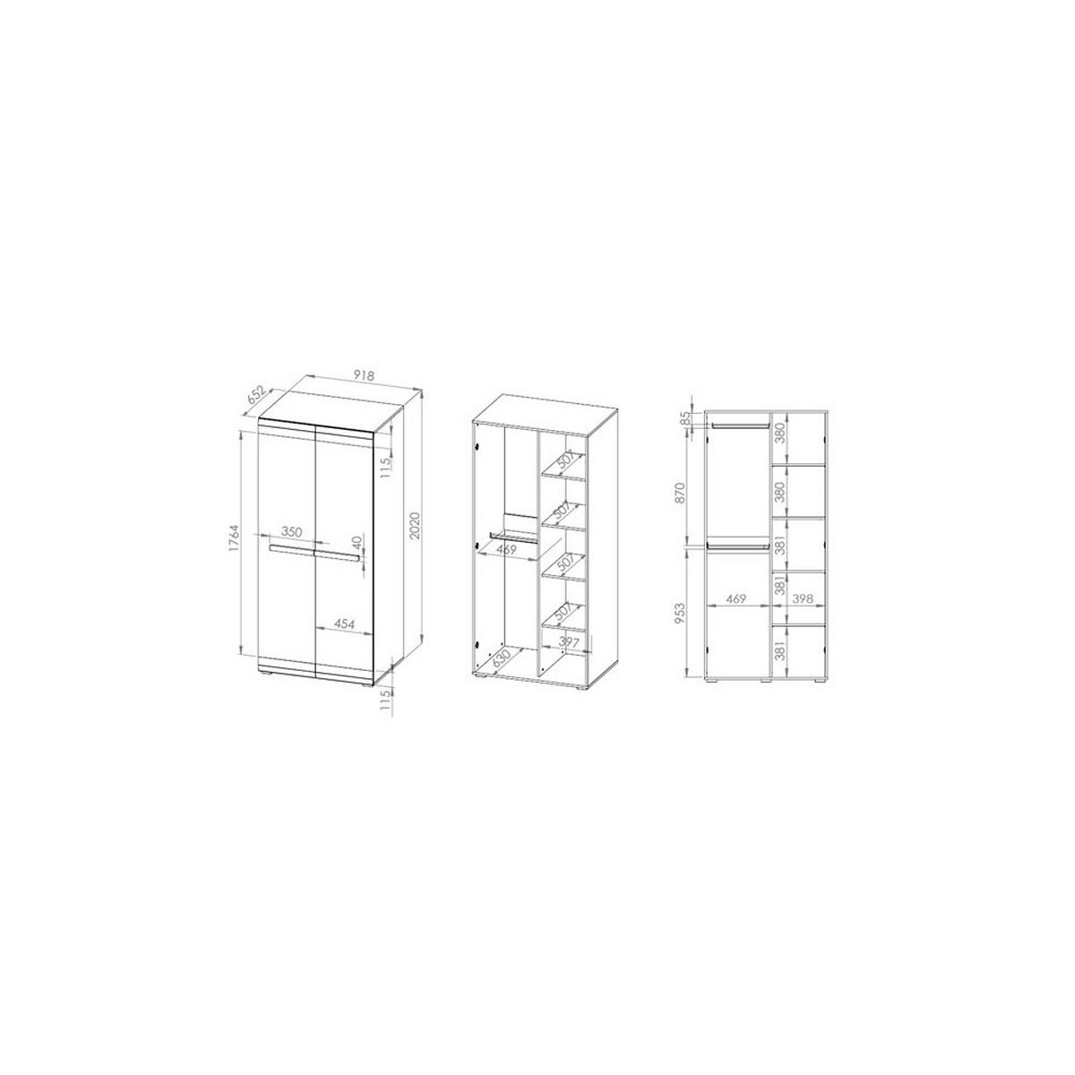 KLEIDERSCHRANK Blanco Pinie weiß / grau 92 / 65 / 202cm - Weiß, Holz/Holzwerkstoff (92/202/65cm) - Feldmann-Wohnen