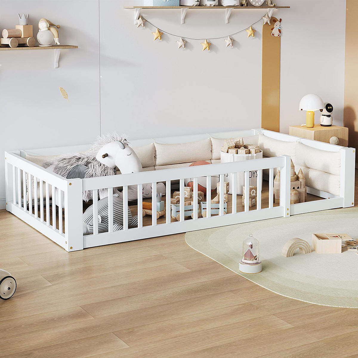 KINDERBETT 90x200 cm mit Seitengitter und Kissen, Weiß - Weiß, Holz (90/200cm) - KOMHTOM