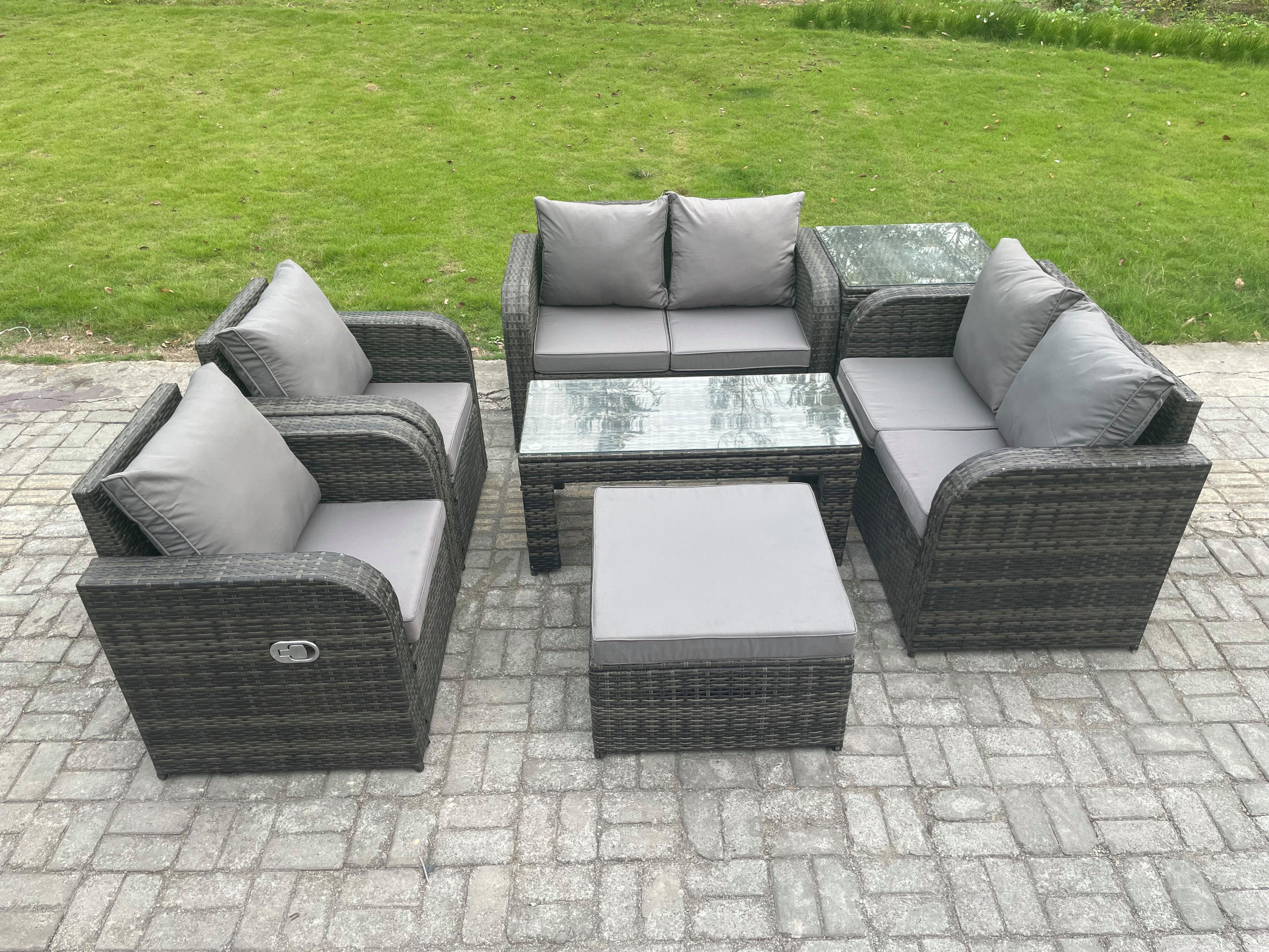 GARTENSOFA SET mit LIEGESTUHL Polyrattan 7-Sitzer Dunkelgrau - Dunkelgrau/Grau, Glas/Kunststoff - Fimous
