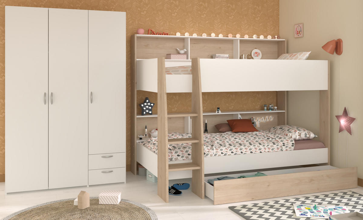 KINDERZIMMER weiß, Eiche 2-teilig, Jugendzimmer-Set mit Etagenbett und Kleiderschrank - Eichefarben/Silberfarben, Holzwerkstoff/Kunststoff (208/165/132cm) - Parisot Meuble