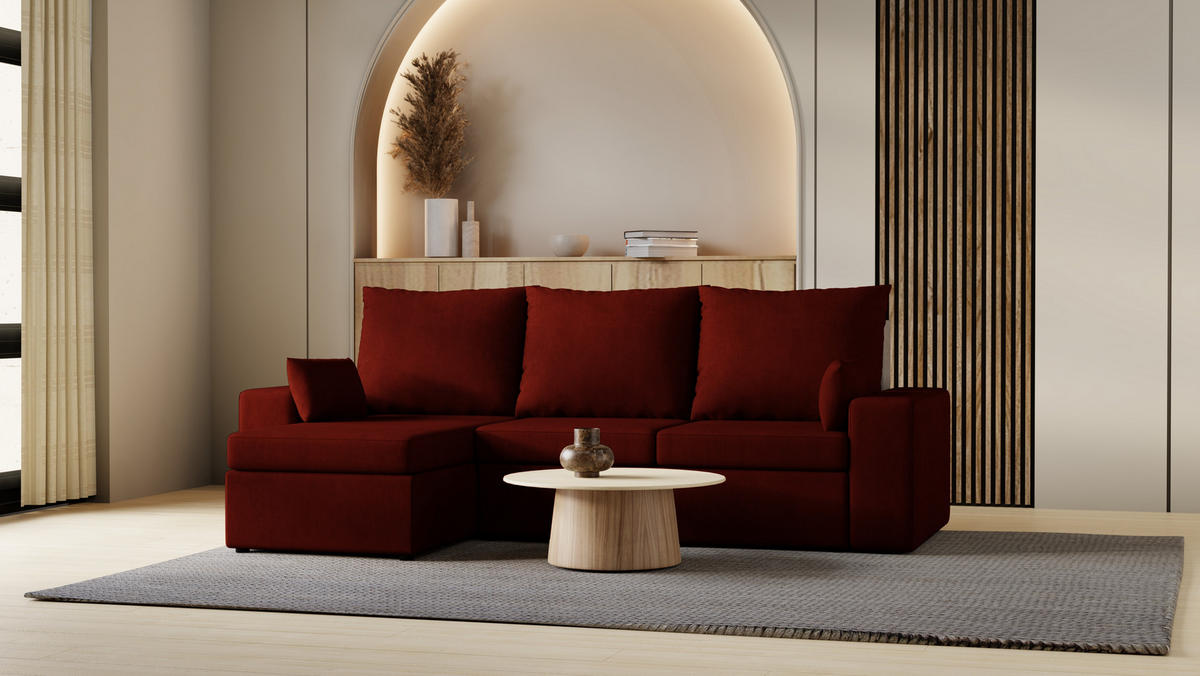 ECKSOFA Paco mit Bettkasten und Schlaffunktion, L-Form/XL-Form, Velourstoff, Universal - Weinrot, Holzwerkstoff (246/145cm) - 4ALL HOME