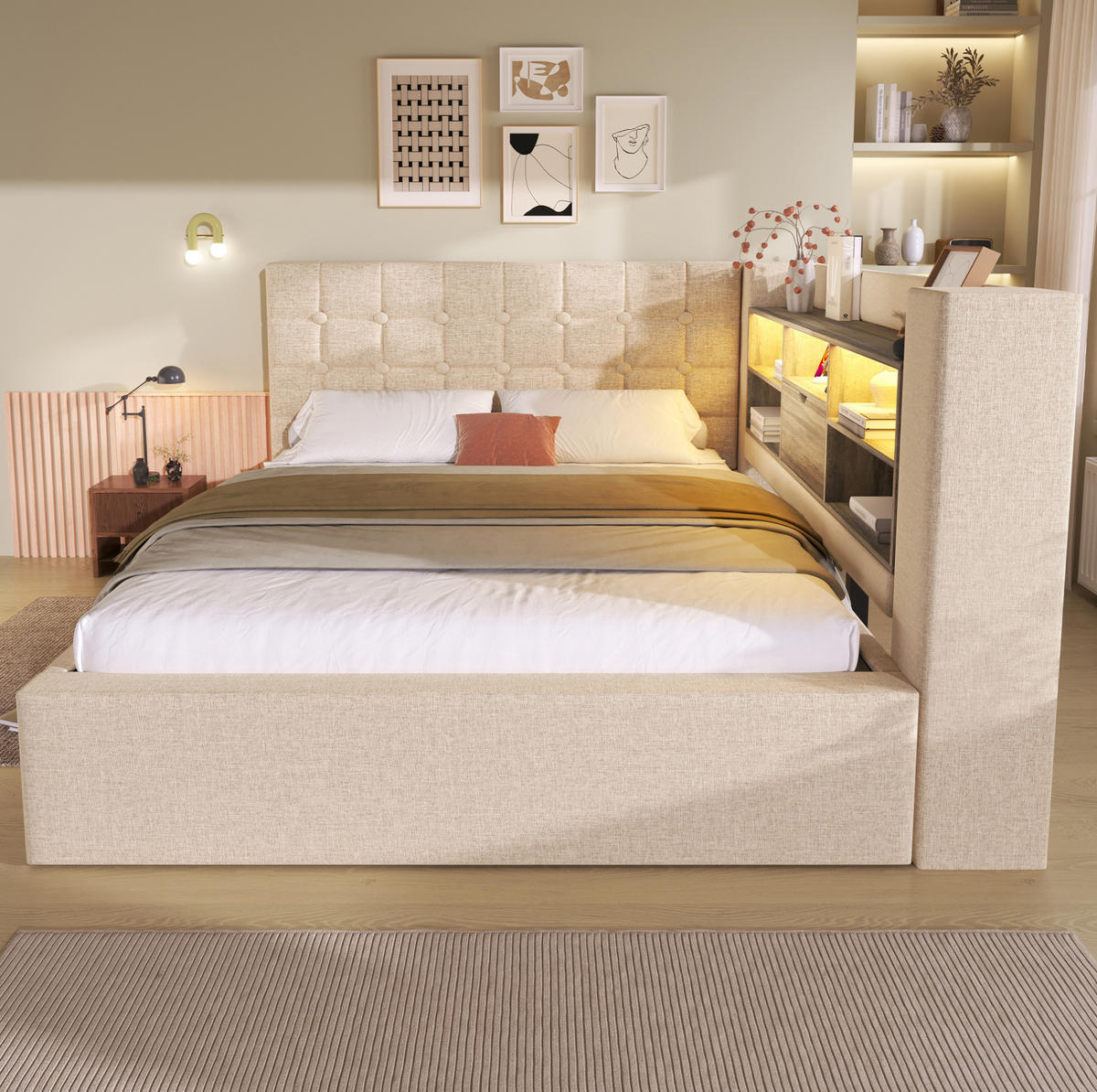 POLSTERBETT aus Leinenstoff 140x190 cm Beige mit LED-Beleuchtung, Ladeanschlüssen und Stauraum - Beige, Textil (140/190cm) - IVMEU