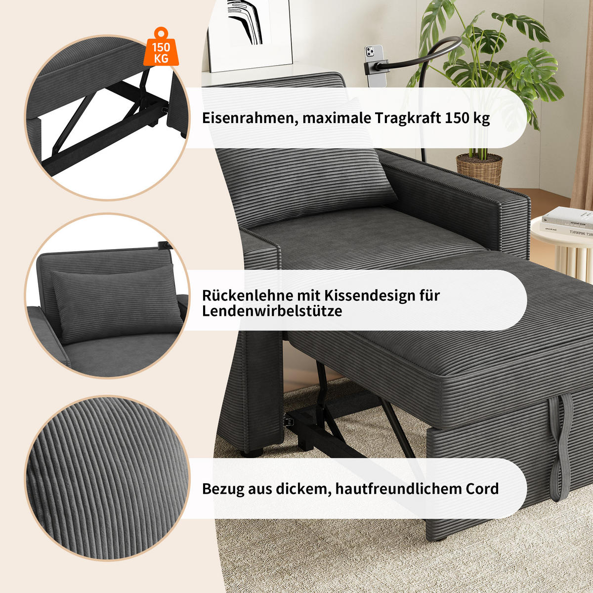 SCHLAFSOFA 1-Sitzer, Cord, mit USB-Anschluss & Handyhalter, 93/150/85 cm, Grau - Grau, Textil (93/85/150cm) - Redom