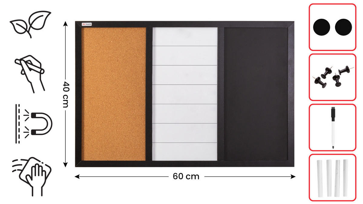 3-IN-1-KOMBITAFEL: Whiteboard, Kreide (magnetisch) und Kork, 60x40 cm - Multicolor, Holz (60/40/1.4cm) - ALLboards