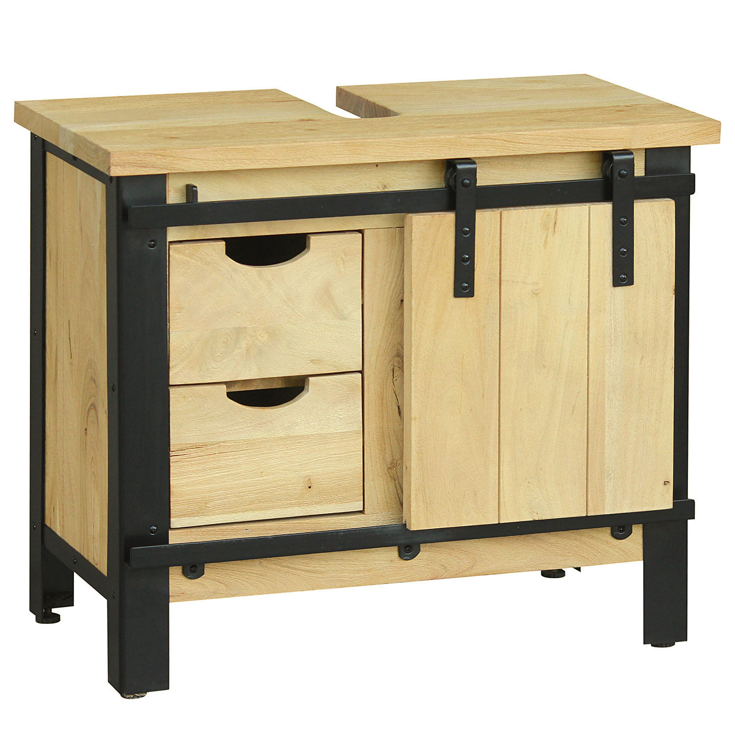 WASCHBECKENUNTERSCHRANK - Akazie massiv / Metall - Akazie / Schwarz - Akaziefarben, Holz/Metall (70/60/40cm) - home24