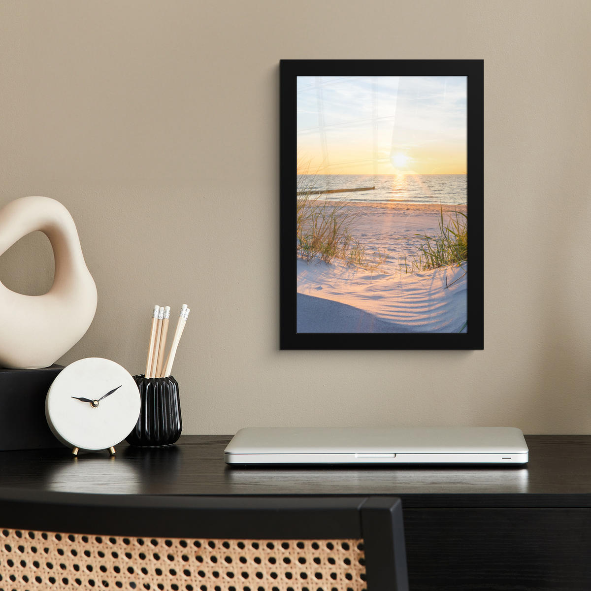 GERAHMTES BILD Strand - Sonne - Düne - Gras - Sand - Horizont 20x30 cm - Hellblau, Papier (20/30cm) - MuchoWow