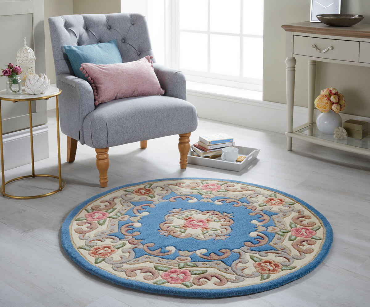 WOLLTEPPICH Aubusson-Muster handgeknüpft BEAULY, Blau-Beige 120x120 cm - Blau, Textil (120/120cm) - KADIMA DESIGN