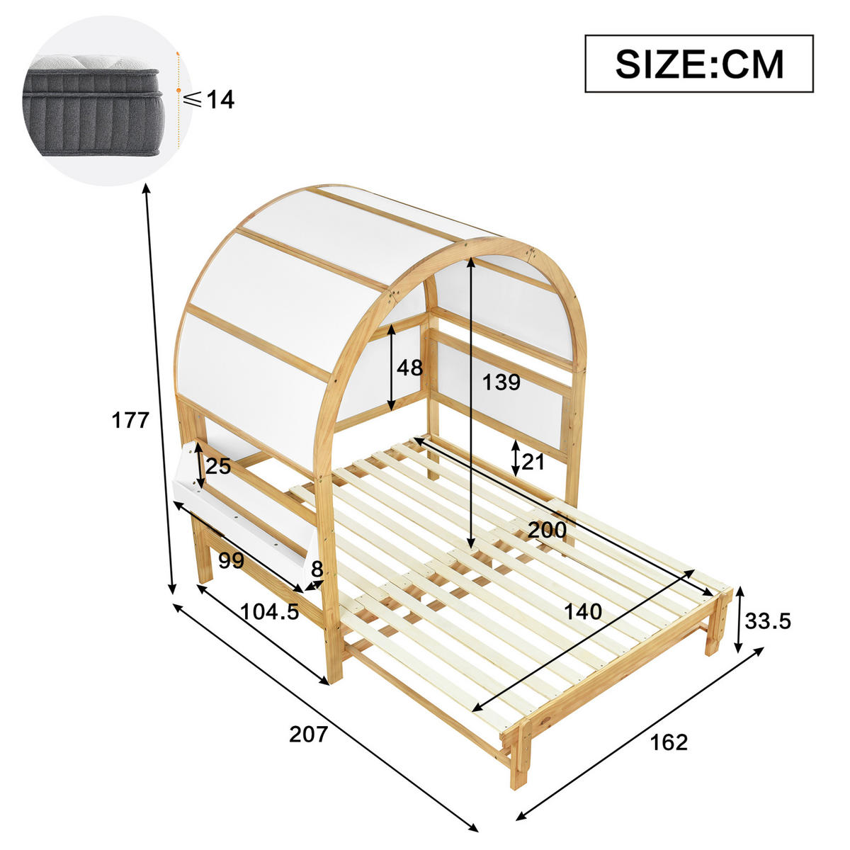 HAUSBETT 140/200 cm in Weiß/Natur – mit Dachaufbau und Ausziehbett - Weiß, Holzwerkstoff (140/200cm) - BEAOK