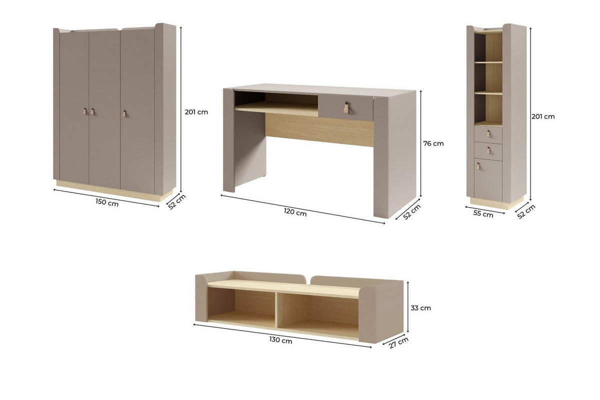 JUGENDZIMMER-SET SOVI C 4-teilig in Porcini / Eiche Mavelie - Eichefarben/Braun, Holzwerkstoff (325/201/52cm) - Deine Möbel 24