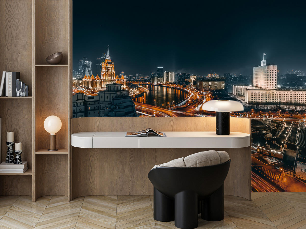 FOTOTAPETE für Wohnzimmer Moskau Nacht Panorama Metropole Straßen 200x140 - Beige/Schwarz, Papier (200/140cm) - Muralo