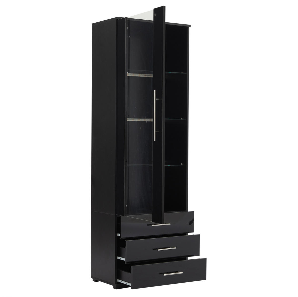 VITRINE 60/35/180 cm in Schwarz mit LED-Beleuchtung und 3 Schubladen - Schwarz, Holzwerkstoff (60/180/35cm) - BEAOK