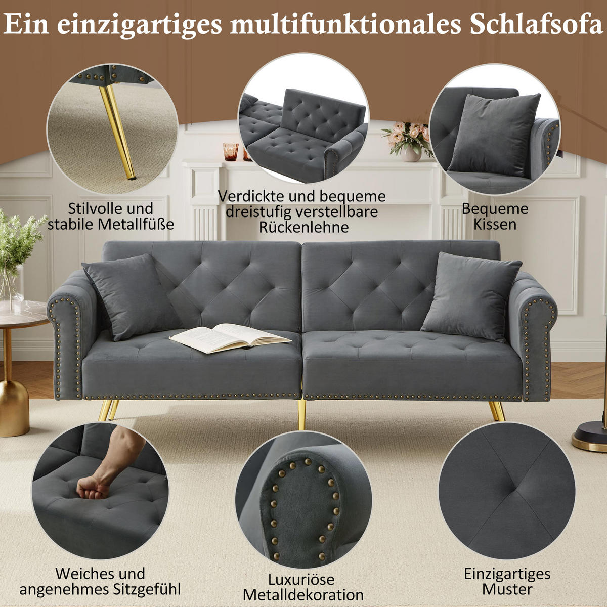 SOFA 2-Sitzer Schlaffunktion Samtbezug Verstellbare Lehne Metallfüße Kleinraum - Grau, Holz (89.54/19.81/77.47cm) - FLIEKS