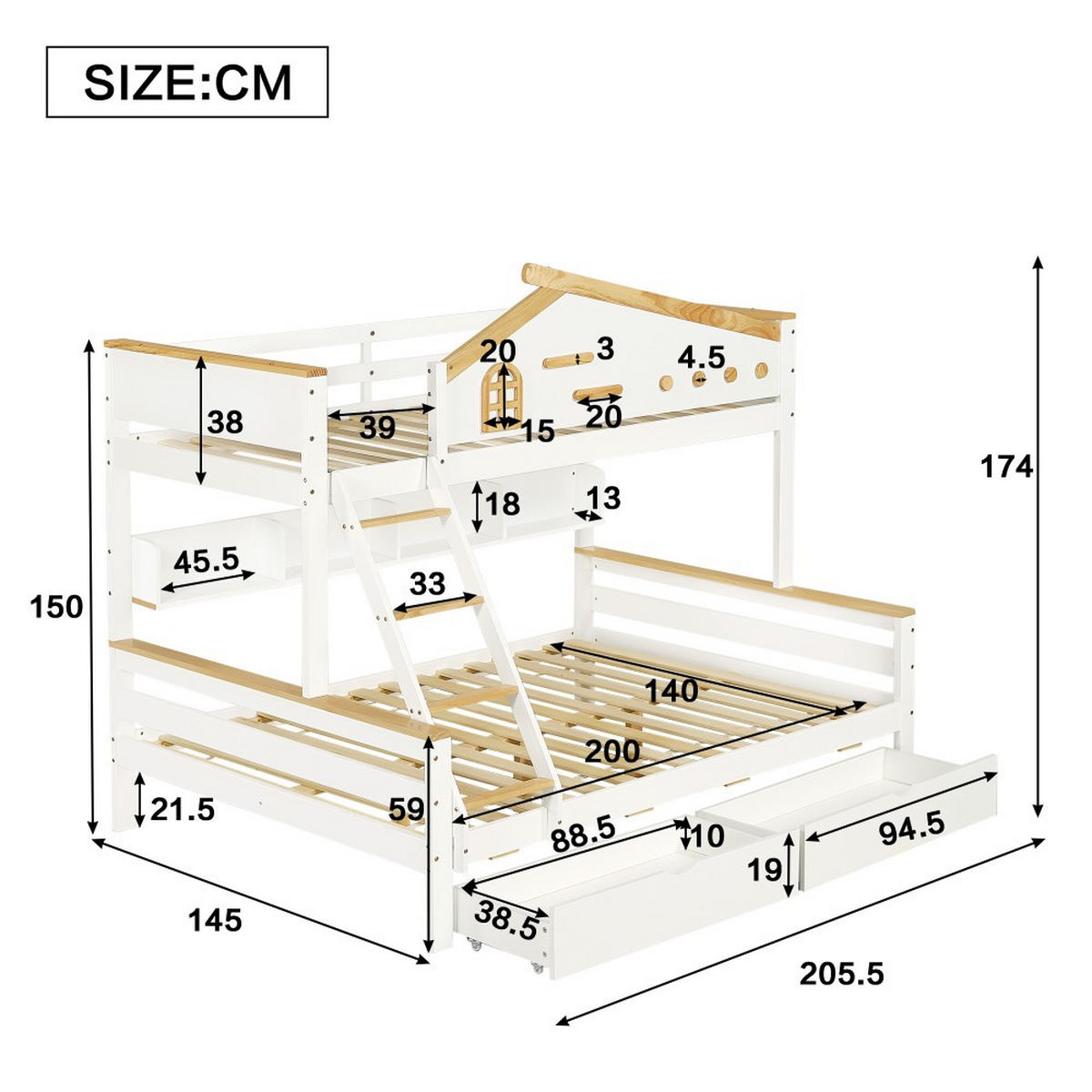 ETAGENBETT 90x200cm&140x200cm in Weiß+Natur mit Offenes Regal - Weiß, Holz (140/200cm) - KOMHTOM